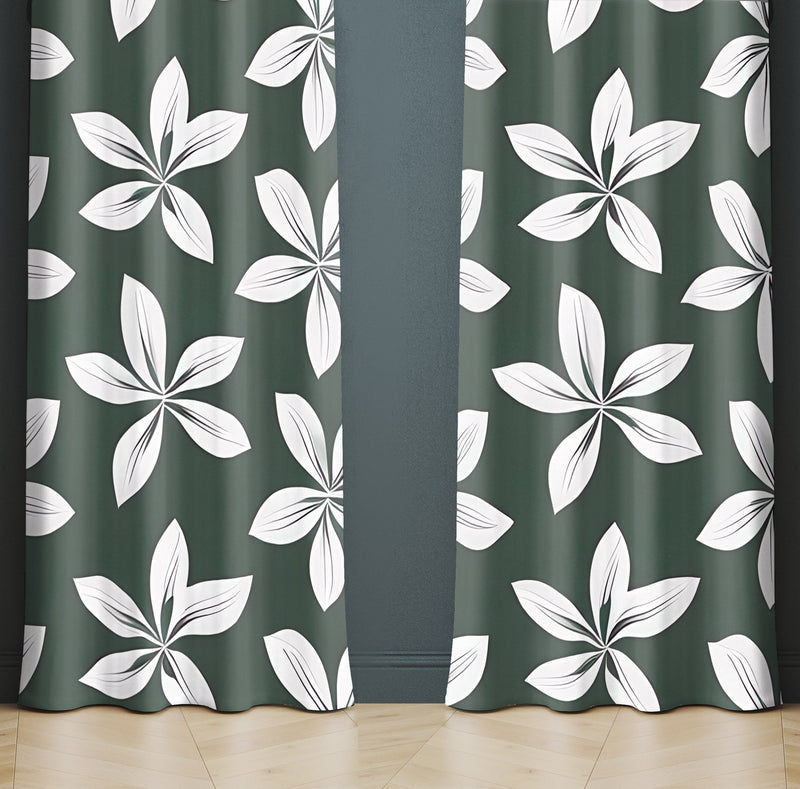 Floral Window Curtains - Green and White Chic Flower Print - Deja Blue Studios