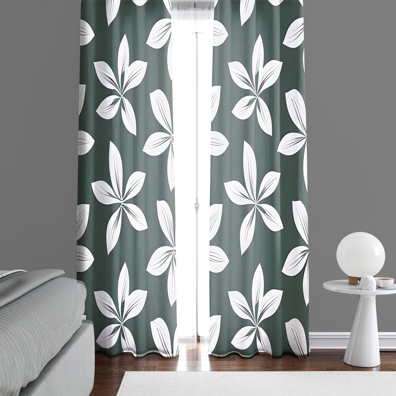 Floral Window Curtains - Green and White Chic Flower Print - Deja Blue Studios
