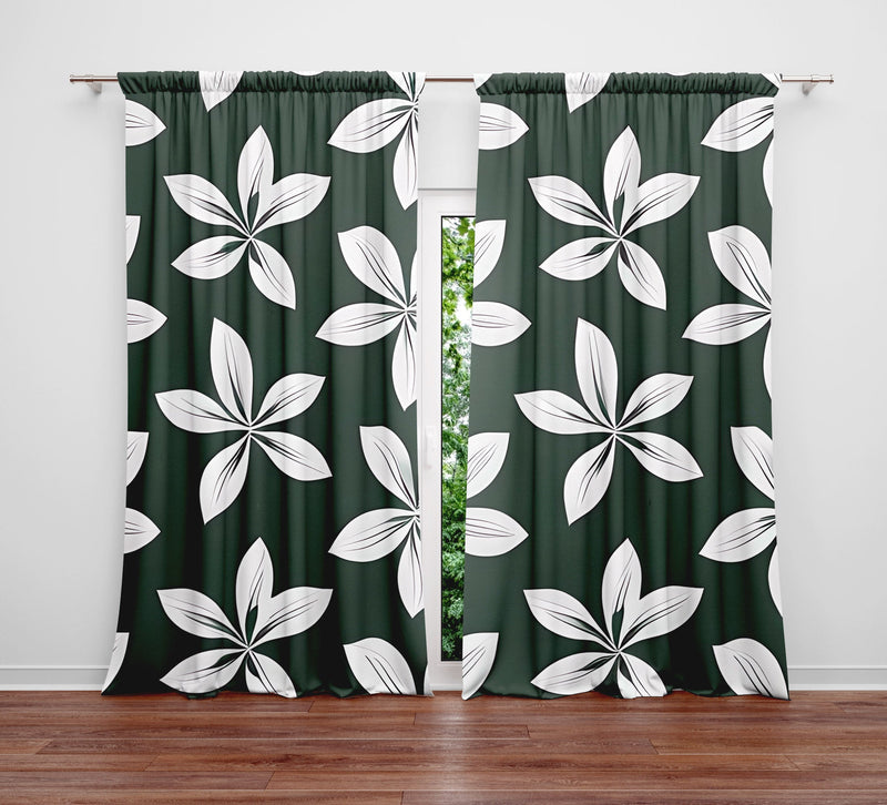 Floral Window Curtains - Green and White Chic Flower Print - Deja Blue Studios