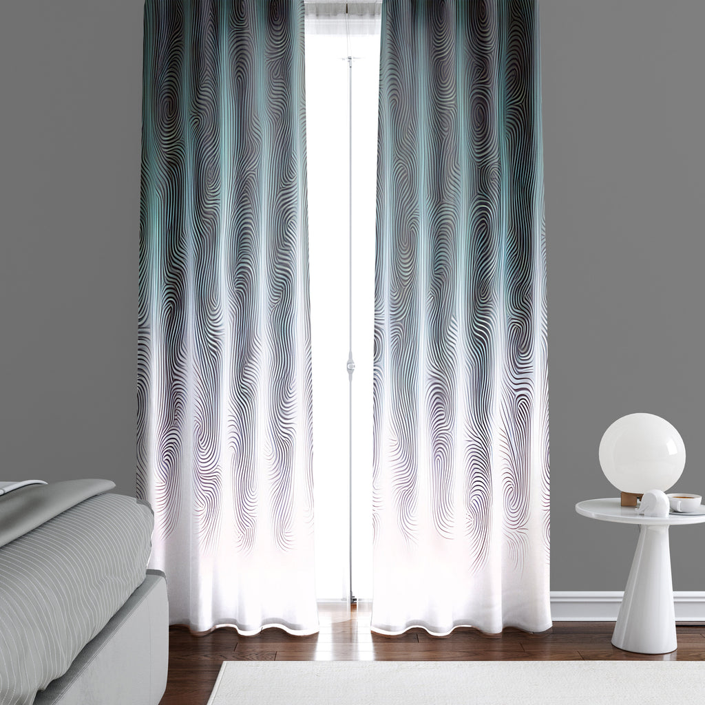 Abstract Striped Window Curtains - Black, White and Green Wavy Line Pattern - Deja Blue Studios