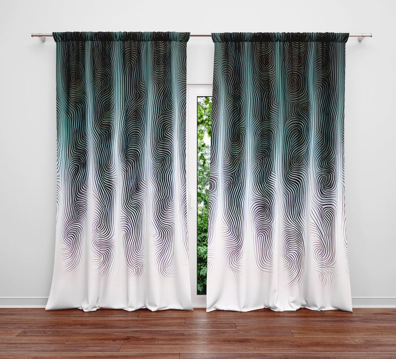 Abstract Striped Window Curtains - Black, White and Green Wavy Line Pattern - Deja Blue Studios