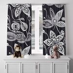 Floral Window Curtains - Dark Gray and White Bold Print - Deja Blue Studios