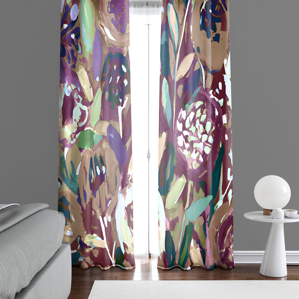 Abstract Floral Window Curtains - Purple and Burgundy Painted Style Maximalist Print - Deja Blue Studios