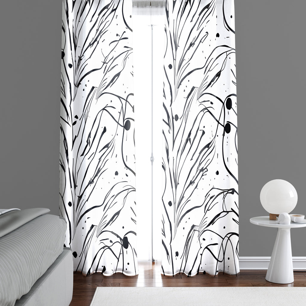 Line Art Window Curtains - Black and White Drizzle Style Vertical Leaf Pattern - Deja Blue Studios