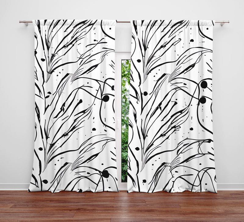 Line Art Window Curtains - Black and White Drizzle Style Vertical Leaf Pattern - Deja Blue Studios