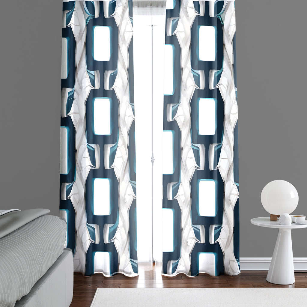 Abstract Window Curtains - Black, White and Blue Squares and Rectangles Print - Deja Blue Studios