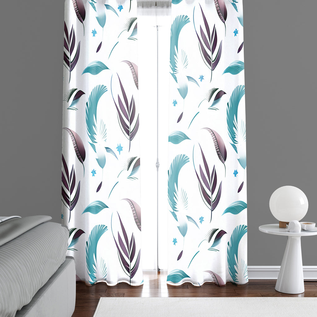 Chic Window Curtains - Maroon and Blue Feather Print - Deja Blue Studios