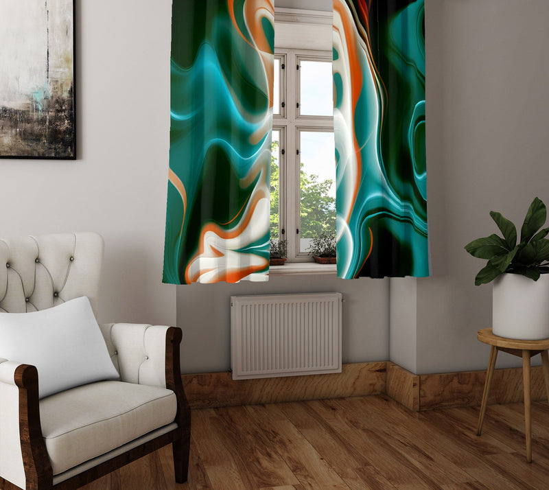 Abstract Smoke Window Curtains - Turquoise and Teal Abstract Smoke Print - Deja Blue Studios