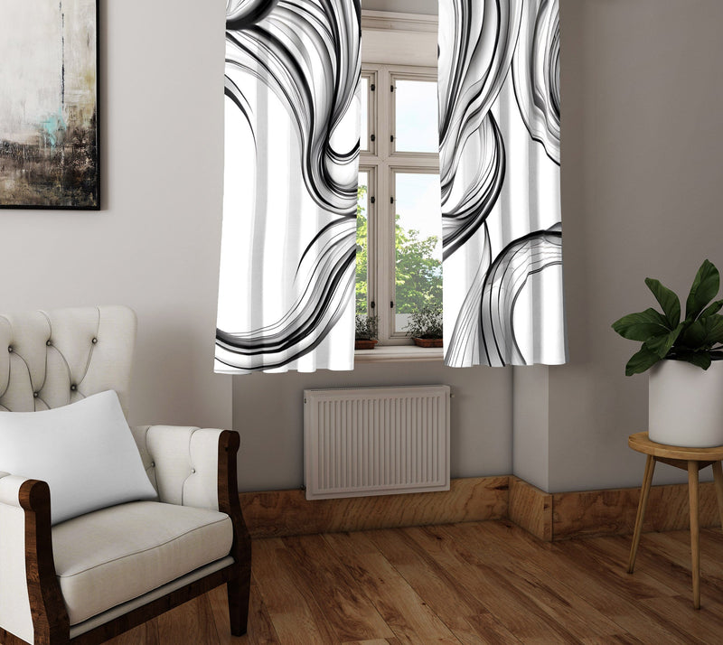 Line Art Window Curtains - Black and White Dropping Lines Smoke Swirl Print - Deja Blue Studios