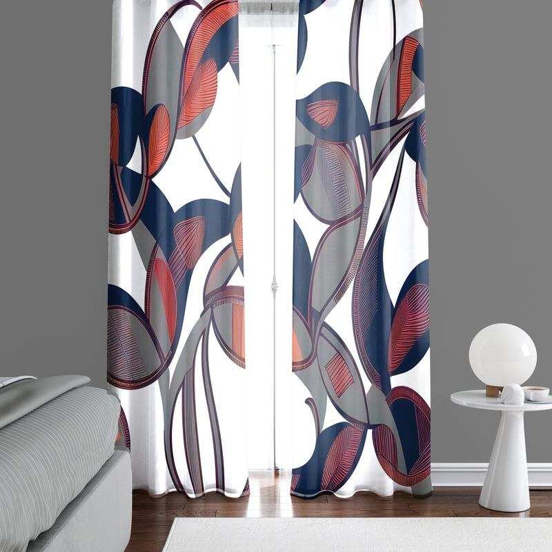 Abstract Floral Window Curtains - White with Gray and Deep Purple Abstract Flowers Print - Deja Blue Studios