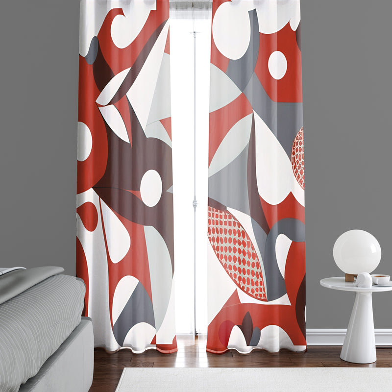 Abstract Window Curtains - Red, White and Gray Picaso-Esque Style Print - Deja Blue Studios