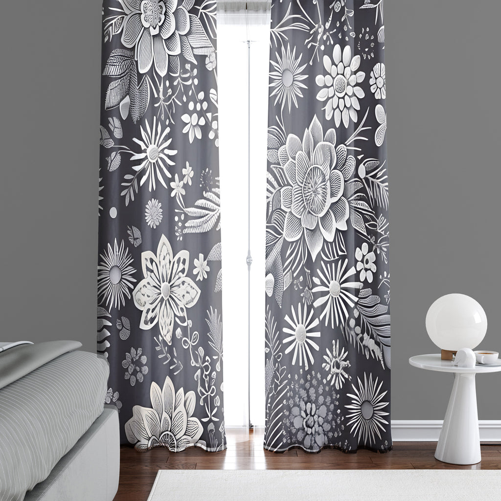 Floral Window Curtains - Gray and White Sketch Flowers Print - Deja Blue Studios