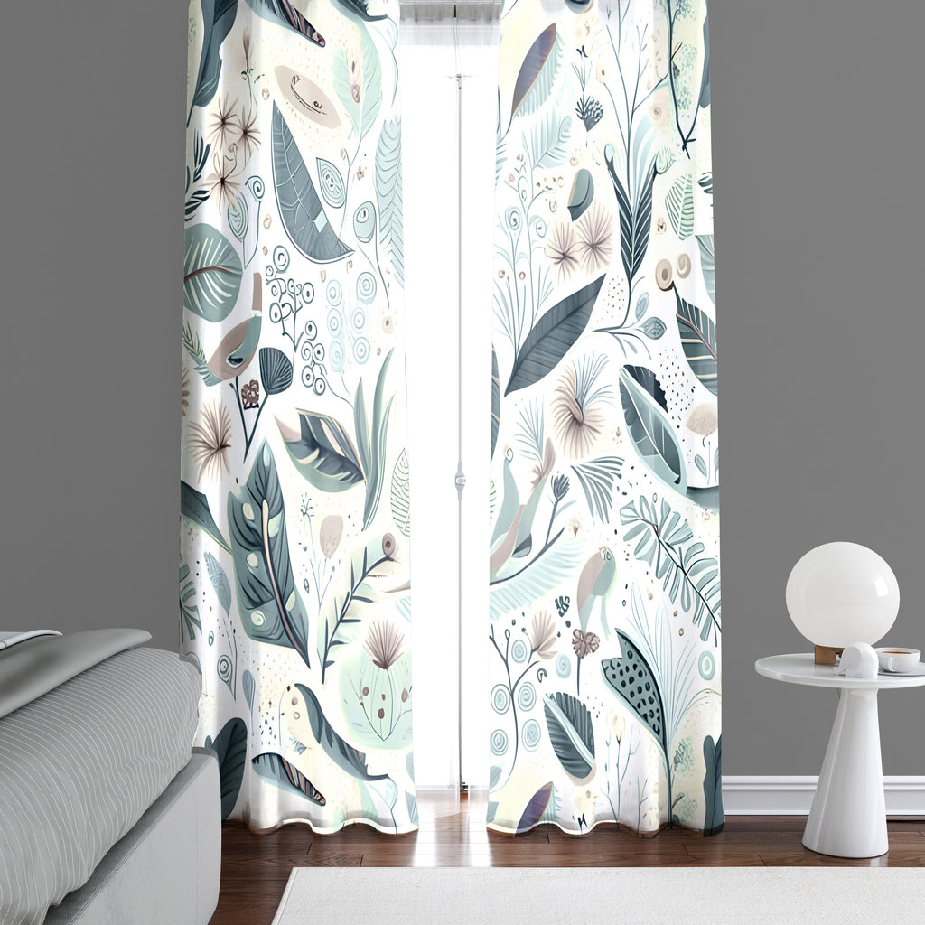 Chic Woodland Window Curtains - White, Blue and Green Whimsical Leaf and Twig Themed Print - Deja Blue Studios