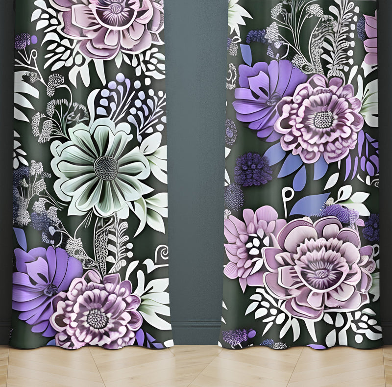 Floral Window Curtains - Bold Pink and Purple Large Flowers Print - Deja Blue Studios