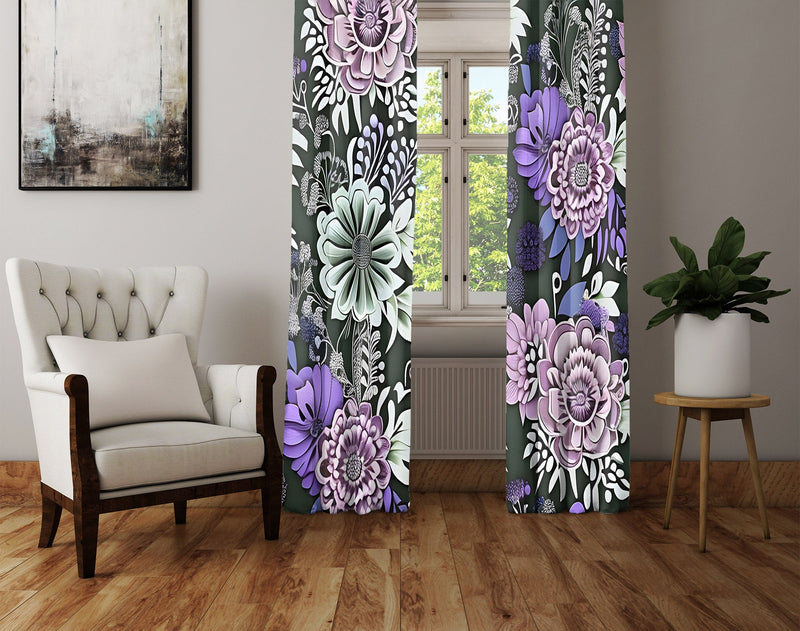 Floral Window Curtains - Bold Pink and Purple Large Flowers Print - Deja Blue Studios