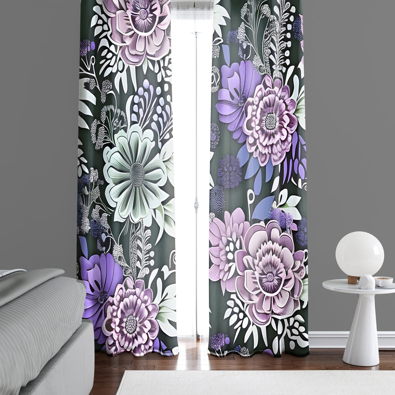 Floral Window Curtains - Bold Pink and Purple Large Flowers Print - Deja Blue Studios