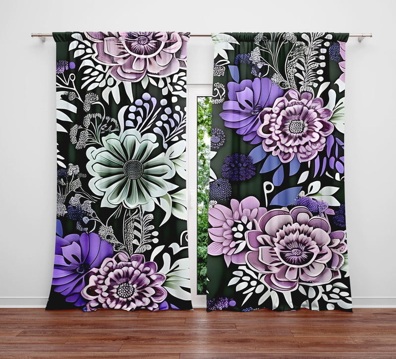 Floral Window Curtains - Bold Pink and Purple Large Flowers Print - Deja Blue Studios