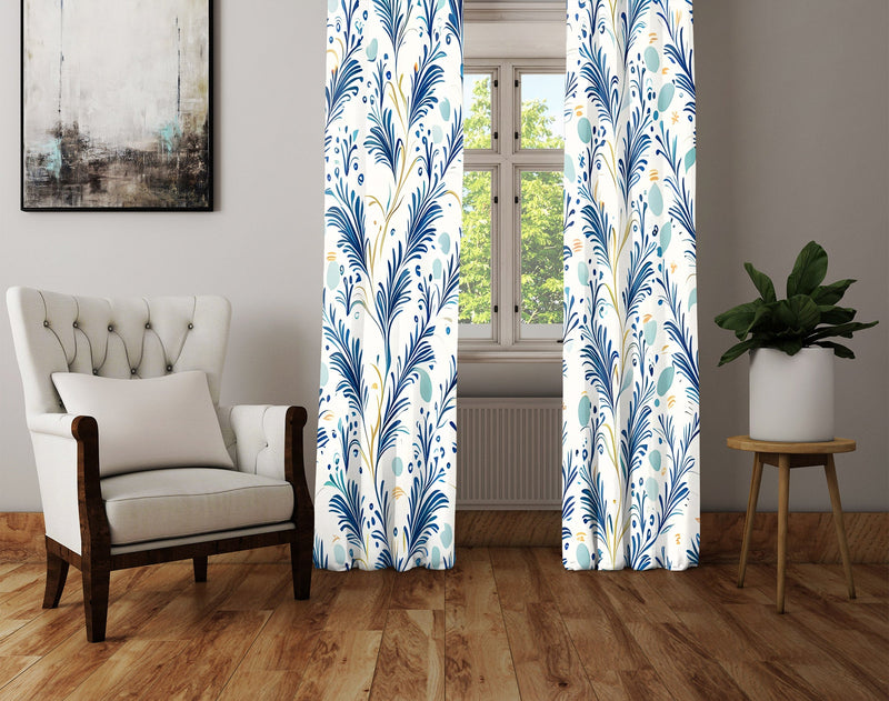 Country Style Window Curtains - Chic White and Blue Leaf Pattern Print - Deja Blue Studios