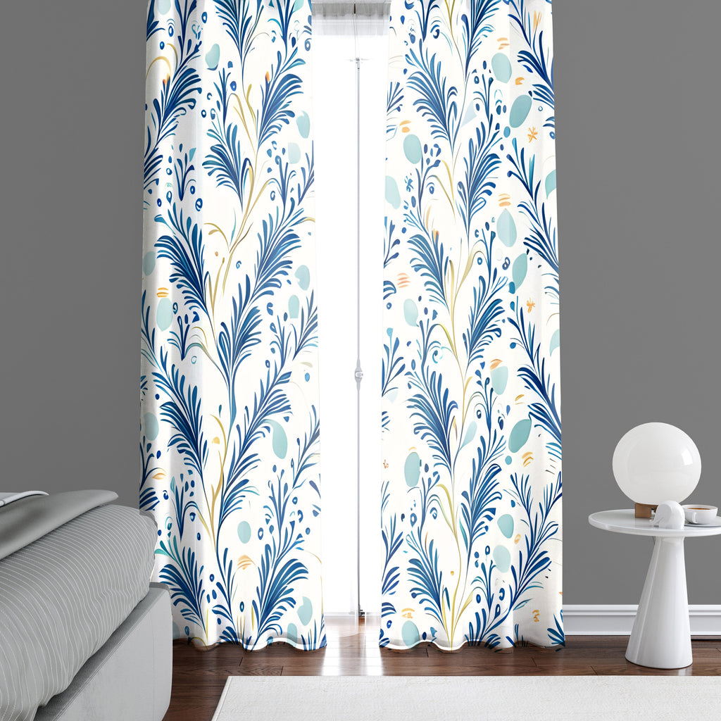 Country Style Window Curtains - Chic White and Blue Leaf Pattern Print - Deja Blue Studios