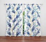 Country Style Window Curtains - Chic White and Blue Leaf Pattern Print - Deja Blue Studios