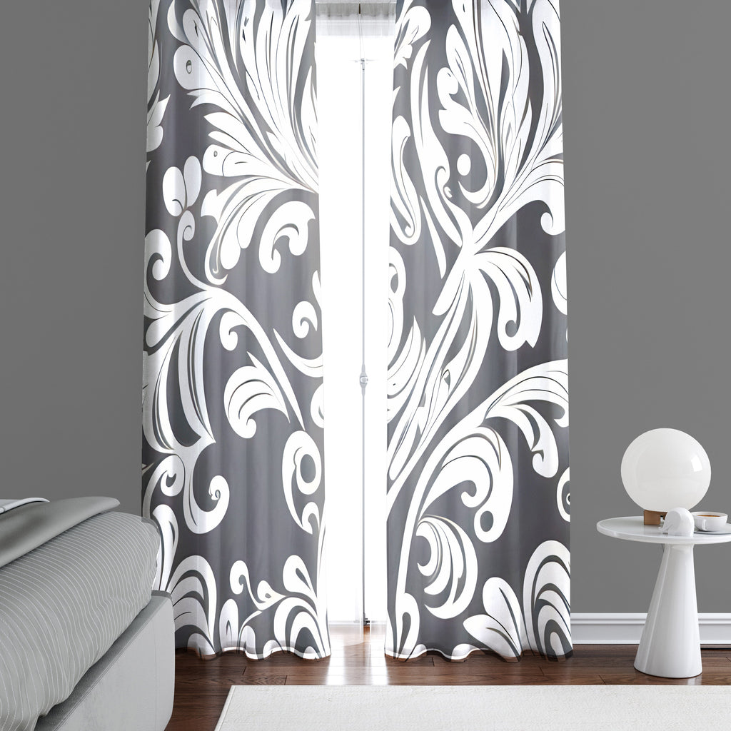 Abstract Damask Window Curtains - Dark Gray and White Whimsical Ornate Pattern - Deja Blue Studios