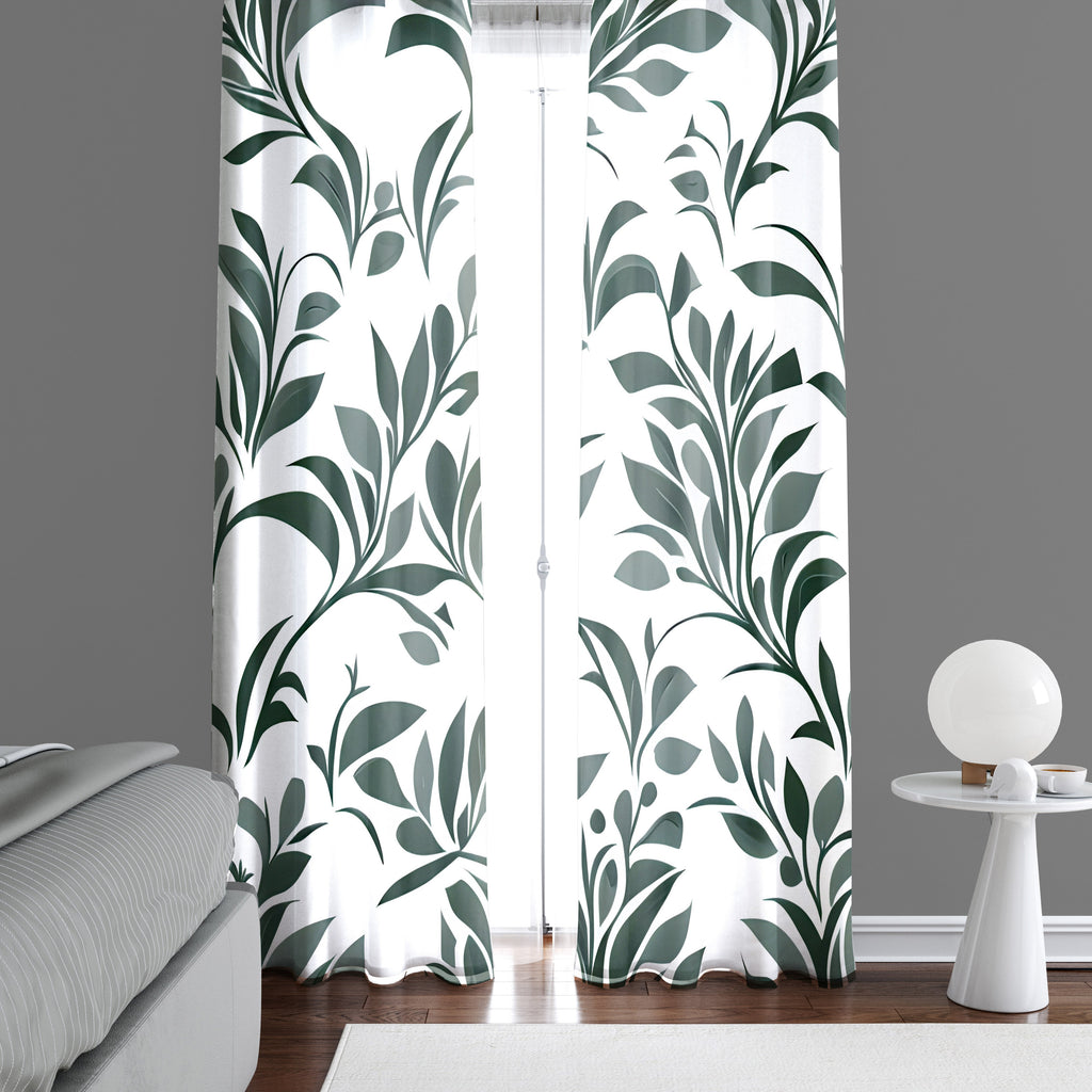 Minimal Green Window Curtains - White and Green Chic Leaf Pattern - Deja Blue Studios