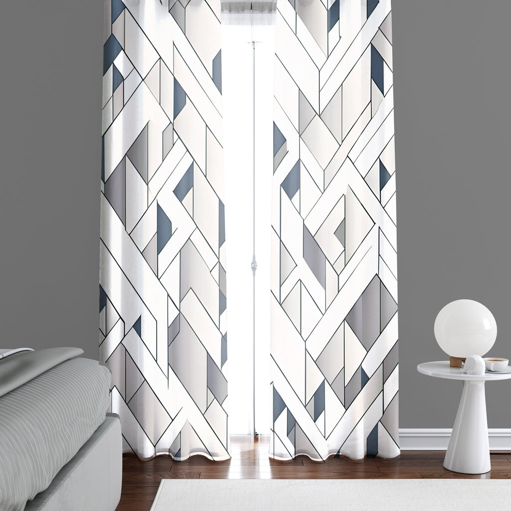 Abstract Maze Pattern Window Curtains - Blue, Beige and Gray - Deja Blue Studios