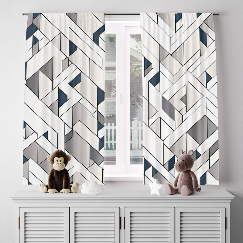 Abstract Maze Pattern Window Curtains - Blue, Beige and Gray - Deja Blue Studios