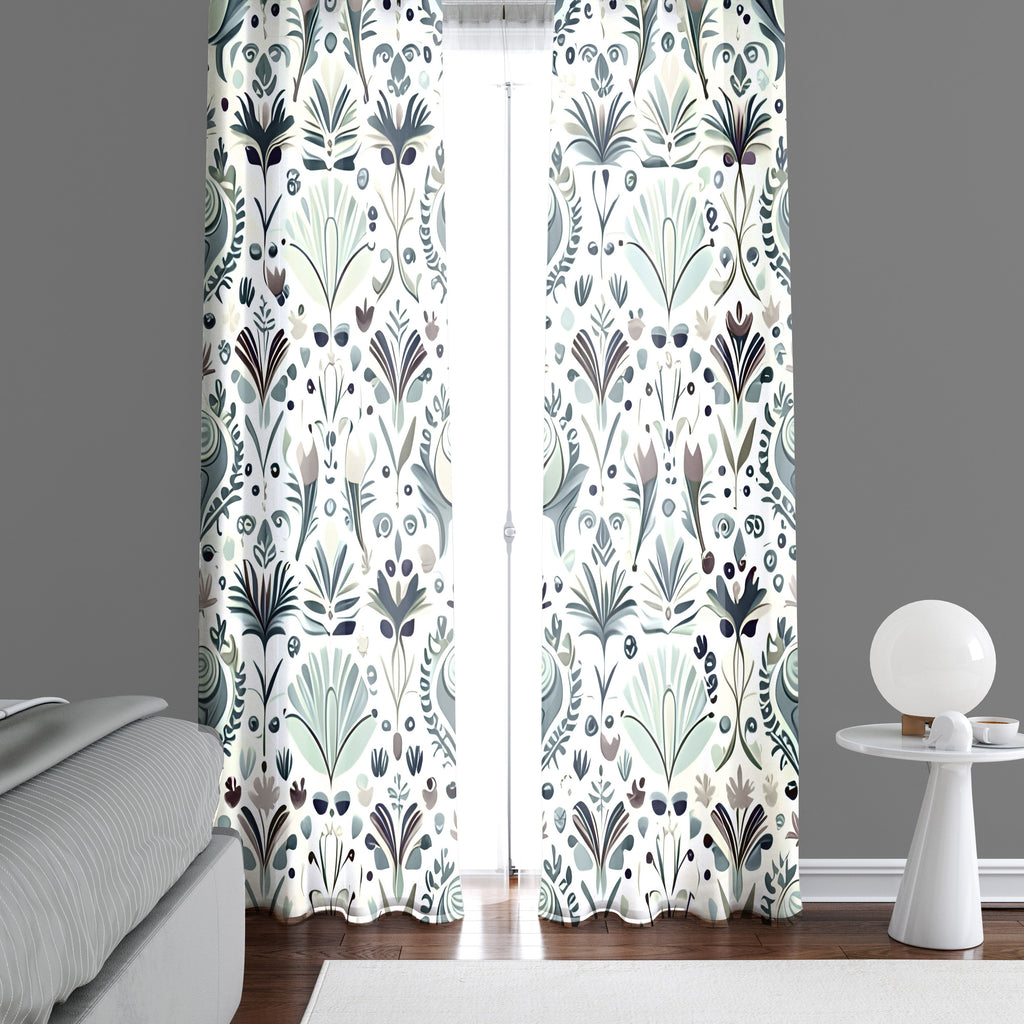 Green and White Pattern Window Curtains - Small Print - Deja Blue Studios