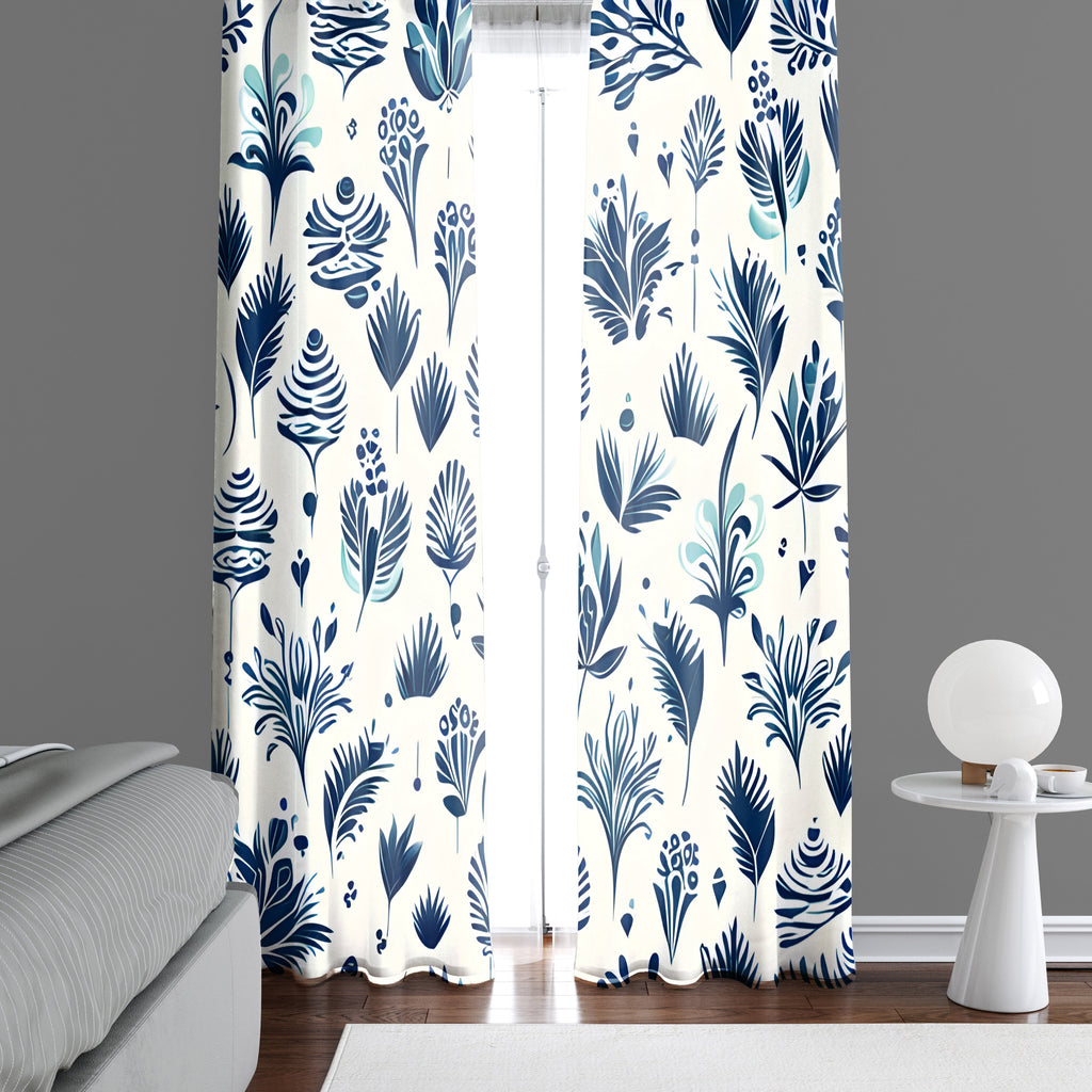 Chic Farmhouse Window Curtains - Blue and Off White Leaf Print - Deja Blue Studios