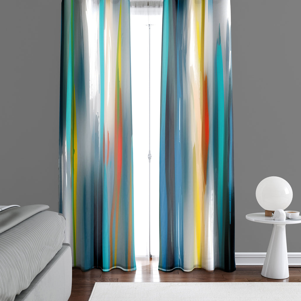Abstract Striped Window Curtains - Blue, White and Yellow Broken Stripe Design - Deja Blue Studios