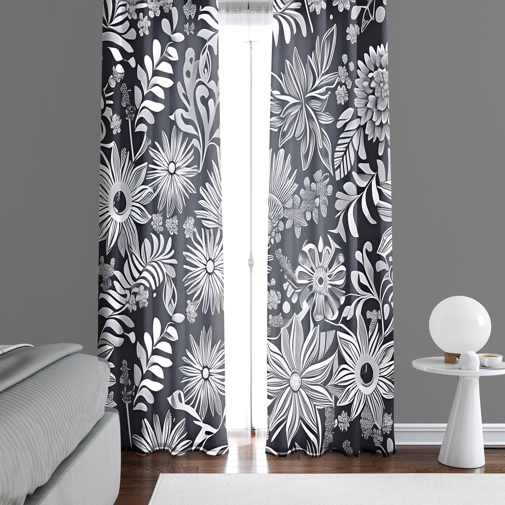 Floral Window Curtains - Black and White Flower and Leaf Sketch Line Print - Deja Blue Studios