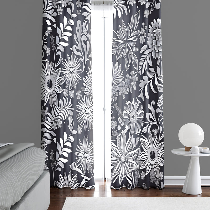 Floral Window Curtains - Black and White Flower and Leaf Sketch Line Print - Deja Blue Studios