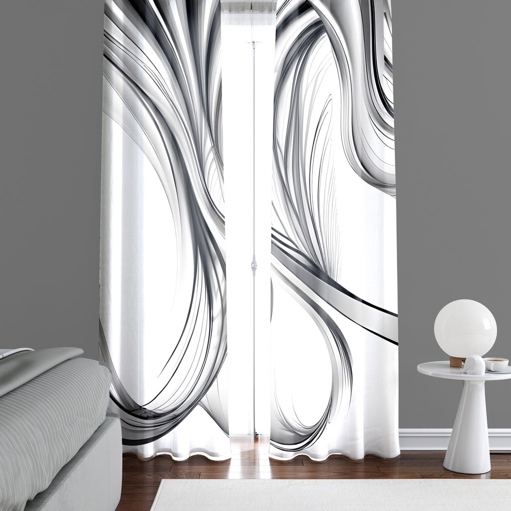 Line Art Window Curtains - Black and White Flow and Swirl Line Design - Deja Blue Studios