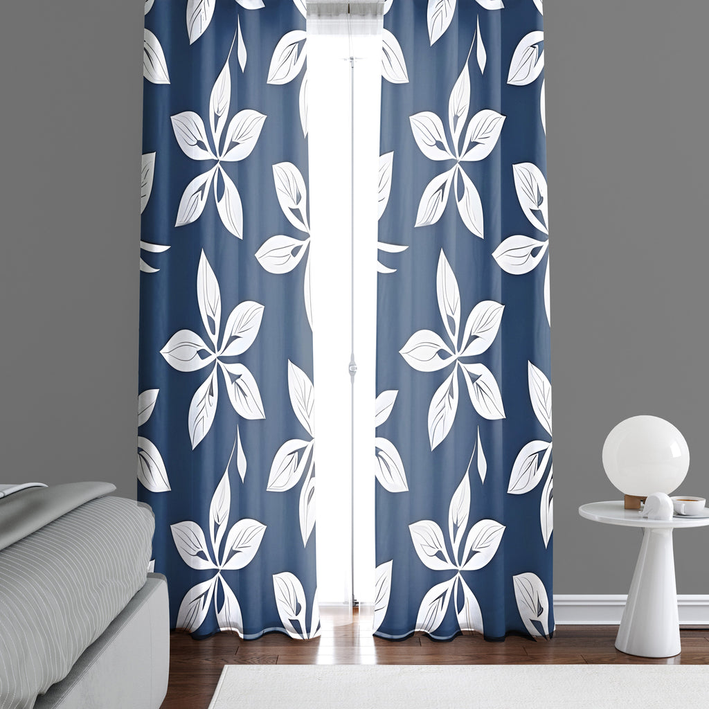 Floral Window Curtains - Blue and White Simple Flower Print - Deja Blue Studios