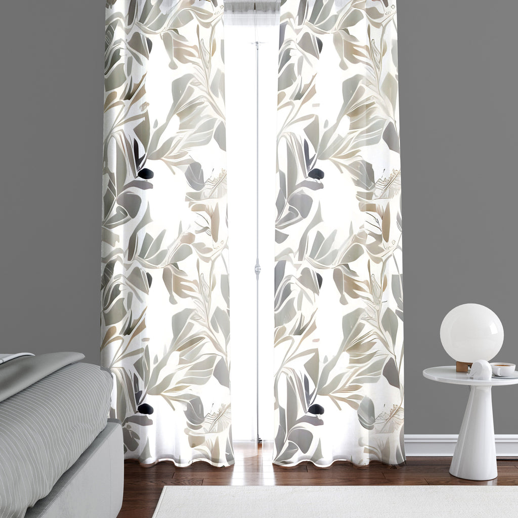 Abstract Window Curtains - Brown, Gray and White Floral Style Print - Deja Blue Studios