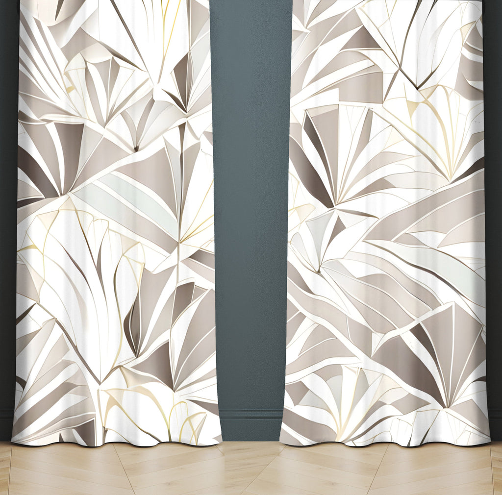 Abstract Art Deco Window Curtains - Brown and Beige Fanned Shape Design - Deja Blue Studios