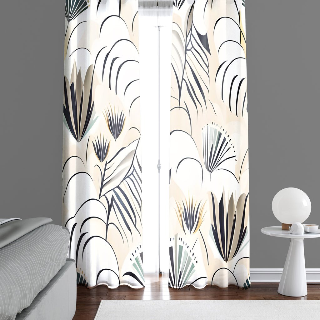 Mid Century Style Window Curtains - Pale Yellow , Black and White Modern Style Print - Deja Blue Studios