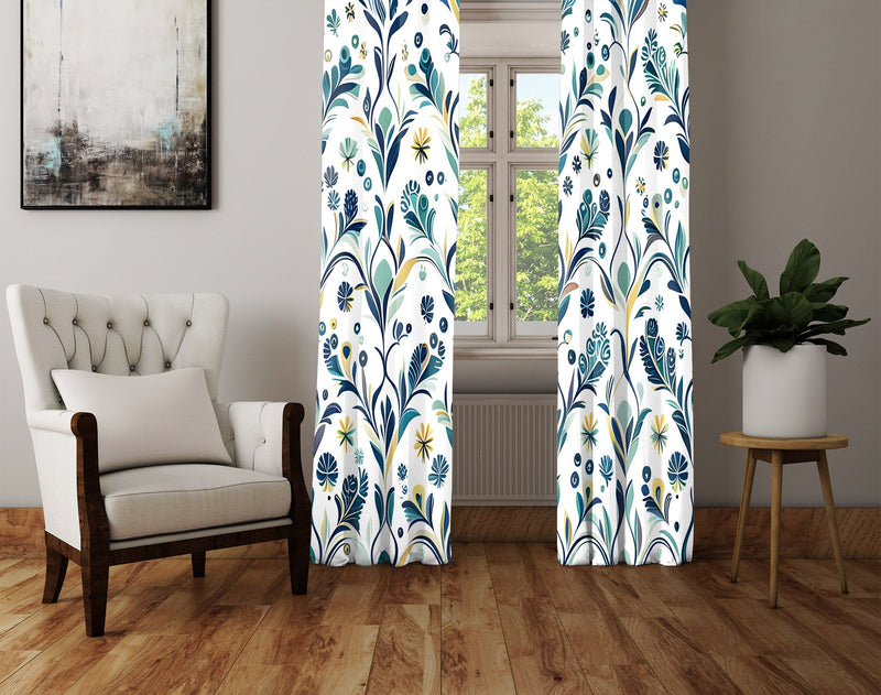 Chic Farmhouse Blue Window Curtains - Small Print Leaf and Wheat Abstract Design - Deja Blue Studios