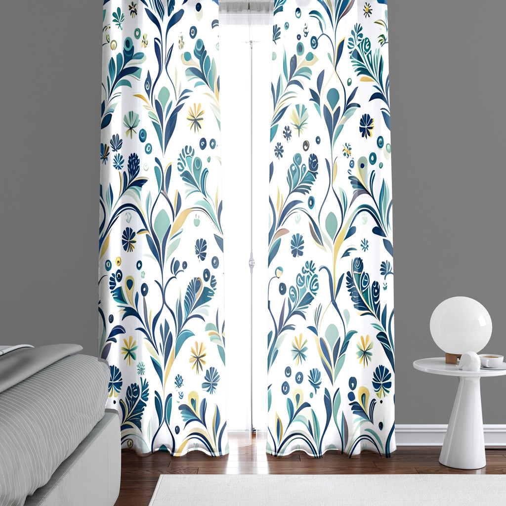 Chic Farmhouse Blue Window Curtains - Small Print Leaf and Wheat Abstract Design - Deja Blue Studios