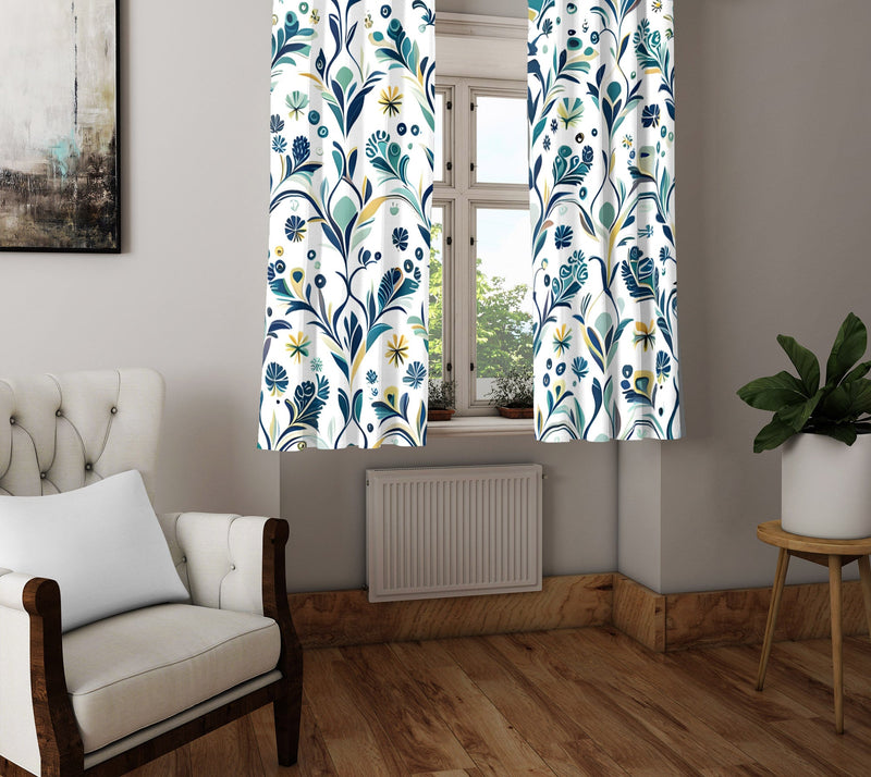 Chic Farmhouse Blue Window Curtains - Small Print Leaf and Wheat Abstract Design - Deja Blue Studios