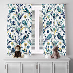 Chic Farmhouse Blue Window Curtains - Small Print Leaf and Wheat Abstract Design - Deja Blue Studios