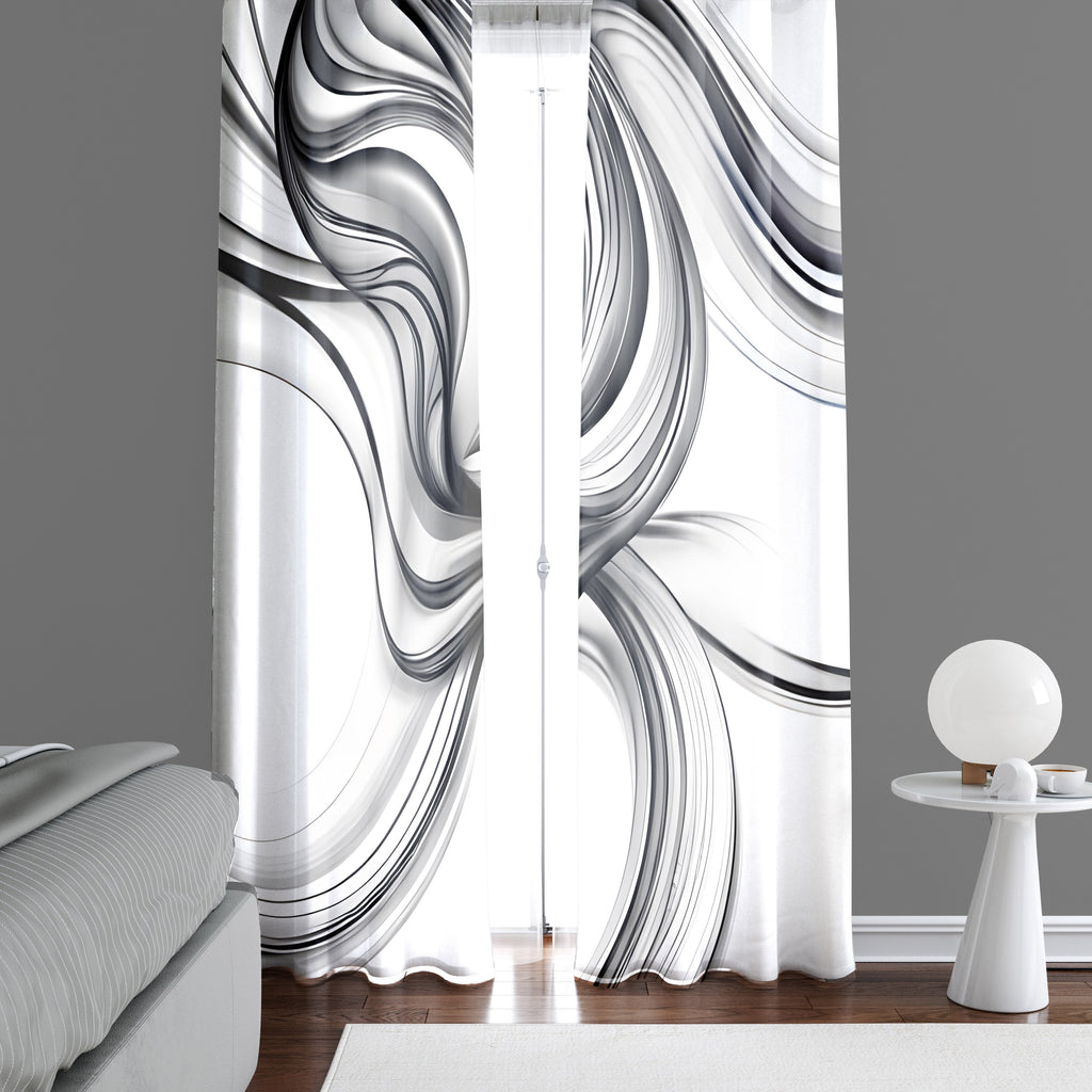 Line Art Window Curtains - White Curtains with Flowing Black Lines - Deja Blue Studios