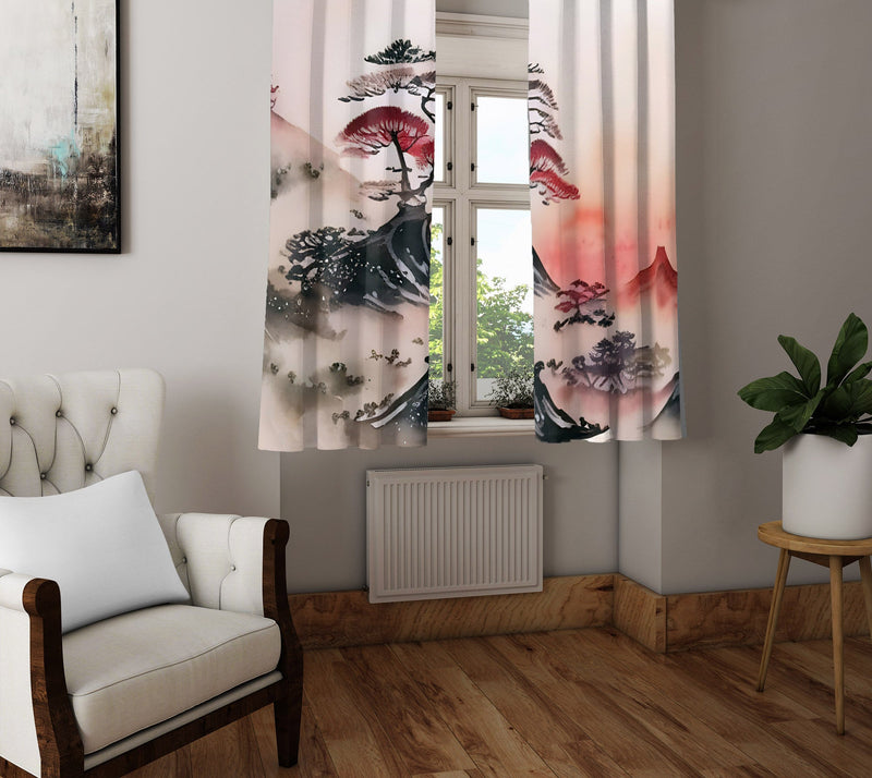Abstract Window Curtain - Red and Black Bonsai Tree Landscape - Deja Blue Studios