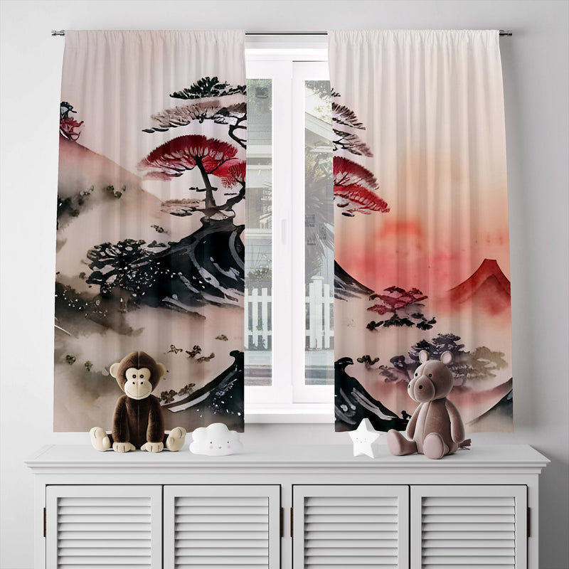 Abstract Window Curtain - Red and Black Bonsai Tree Landscape - Deja Blue Studios