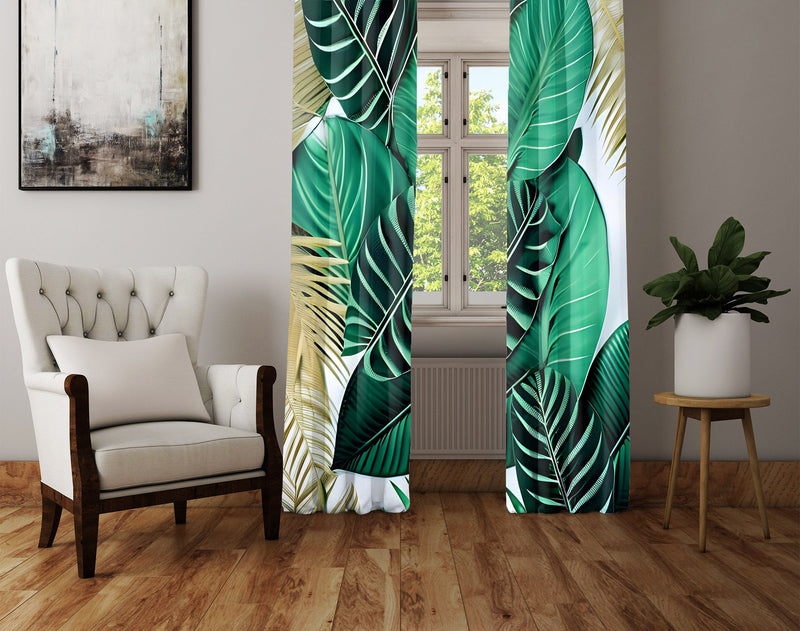 Floral Window Curtain - Green Monstera Leaf and Tan Fern - Deja Blue Studios