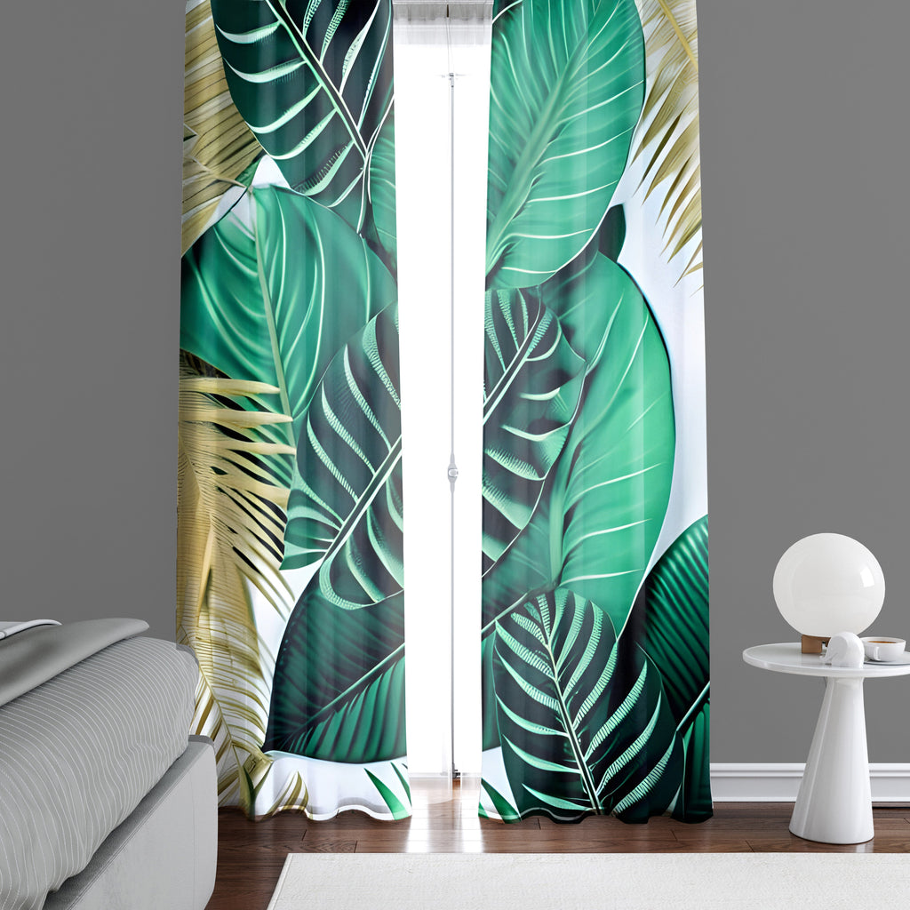 Floral Window Curtain - Green Monstera Leaf and Tan Fern - Deja Blue Studios