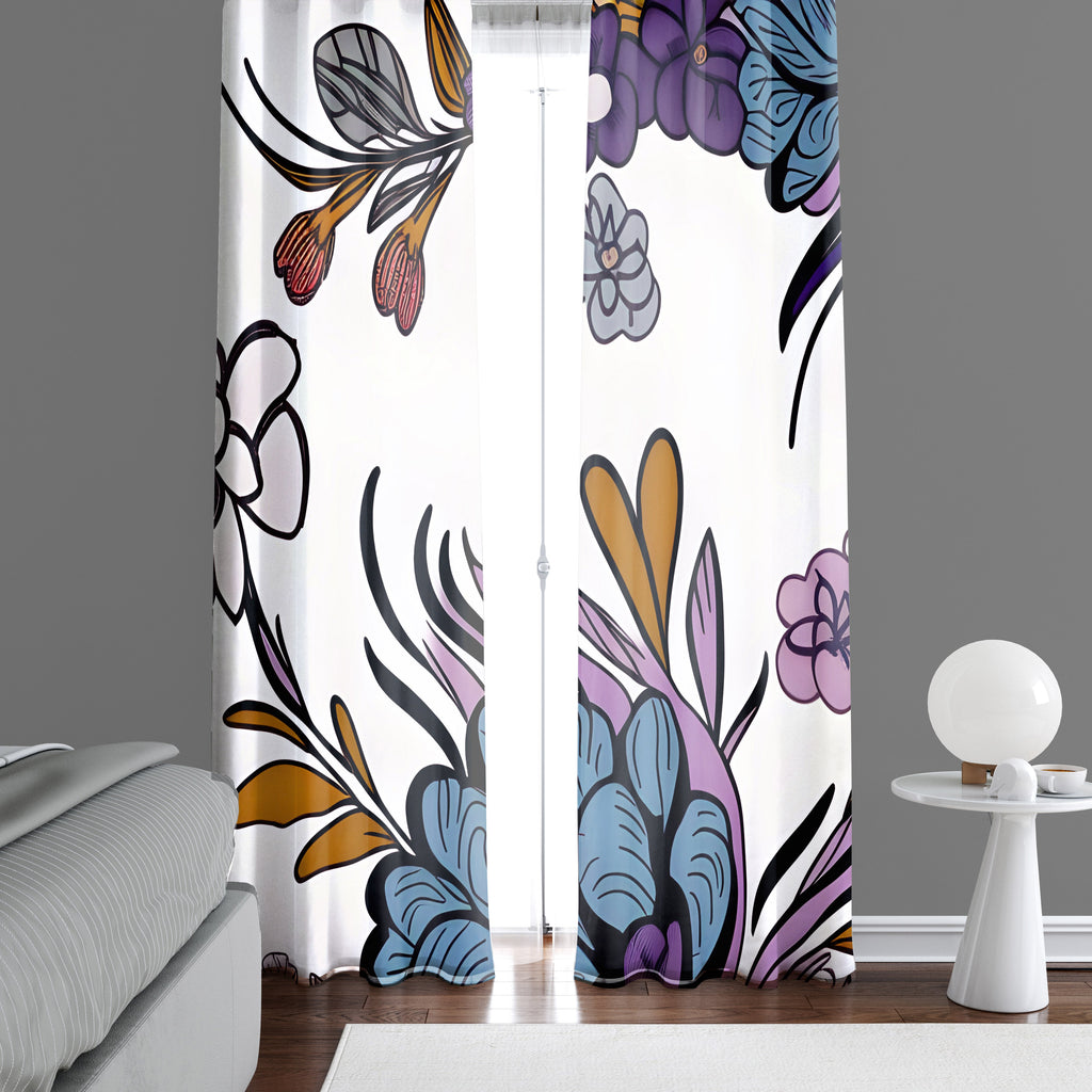 Floral Window Curtain - Purple, Blue, and Gold Flowers - Deja Blue Studios