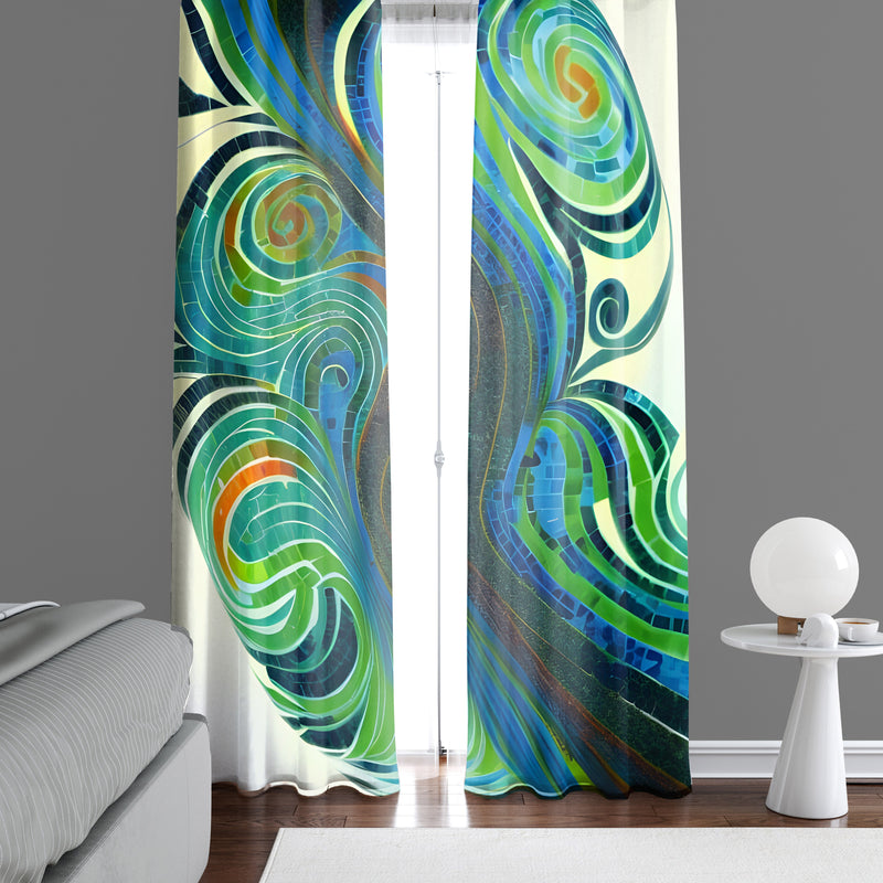 Abstract Window Curtain - Blue and Green Mosaic Tiles - Deja Blue Studios