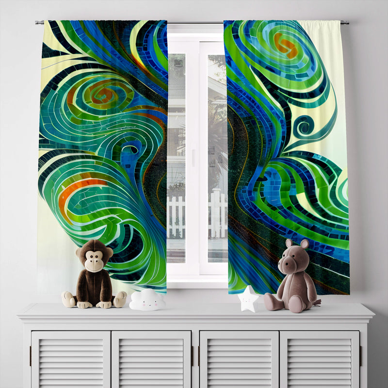 Abstract Window Curtain - Blue and Green Mosaic Tiles - Deja Blue Studios